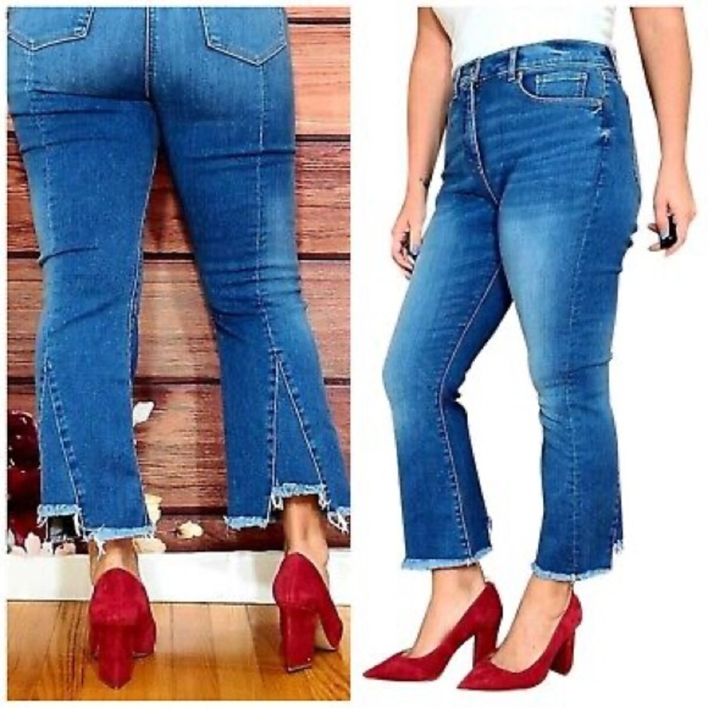 NWOT Loft High Waist Flare Crop Dark Blue Jeans Size 28 Petite Back Slit Raw Hem